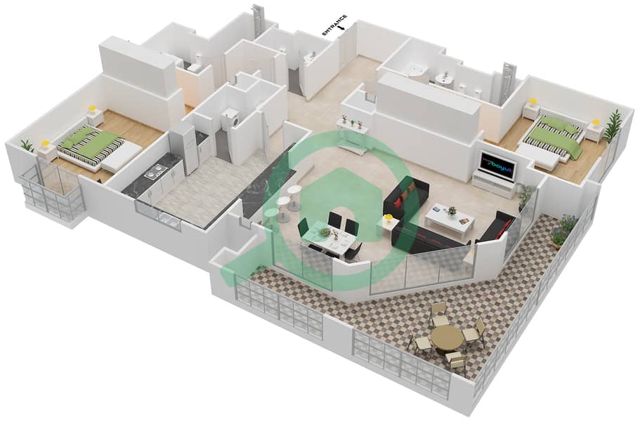 东方红树林滨江大道2号 - 2 卧室公寓类型3戶型图 interactive3D