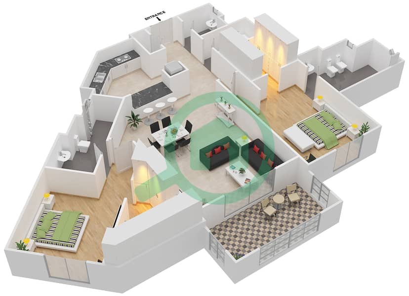 المخططات الطابقية لتصميم النموذج 5 شقة 2 غرفة نوم - بروميناد القرم الشرقي 1 interactive3D
