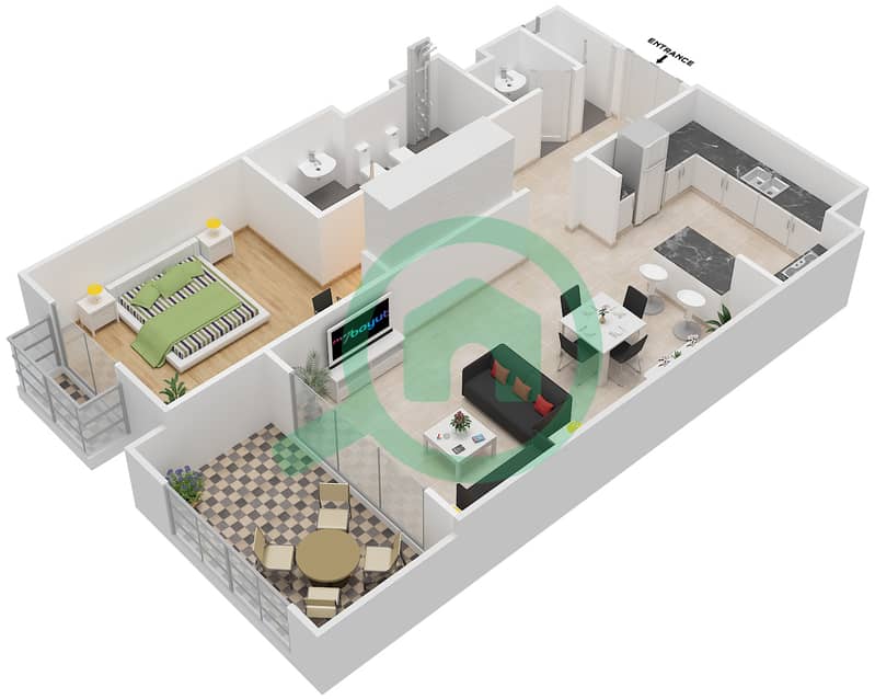 东方红树林滨江大道2号 - 1 卧室公寓类型3戶型图 interactive3D