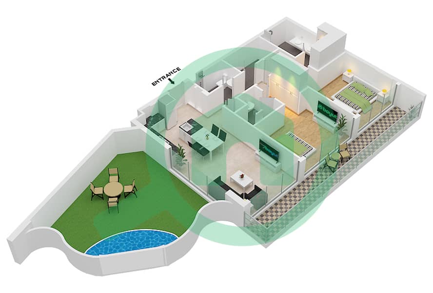 المخططات الطابقية لتصميم الوحدة 416 / FLOOR 4 شقة 2 غرفة نوم - أكسفورد جاردنز Floor 4 interactive3D