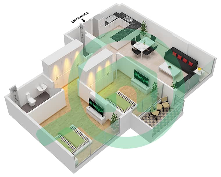 Азизи Ривьера 2 - Апартамент 2 Cпальни планировка Тип 1 / FLOOR 2-10 Floor 2-10 interactive3D