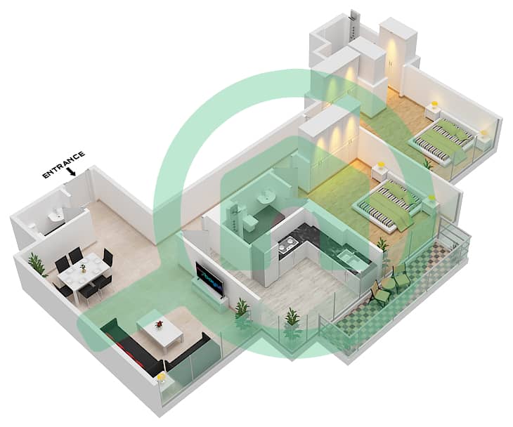 Азизи Ривьера 2 - Апартамент 2 Cпальни планировка Тип 2 / FLOOR 2-10(TYPICAL) Floor 2-10(Typical Floors) interactive3D