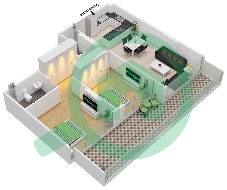 Азизи Ривьера 2 - Апартамент 2 Cпальни планировка Тип 1 / FLOOR 1 Floor 1 interactive3D