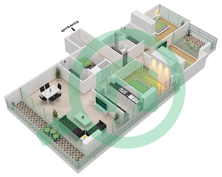 المخططات الطابقية لتصميم النموذج 1 / FLOOR 3-10 شقة 3 غرف نوم - عزيزي ريفييرا 2 Floor 3-10 interactive3D