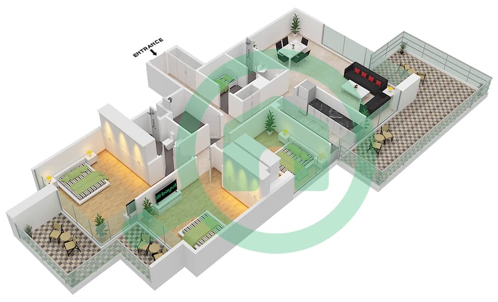 Азизи Ривьера 2 - Апартамент 3 Cпальни планировка Тип 2 / FLOOR 2,4,6 OPTION A Floor 2,4,6,7,8,10 interactive3D
