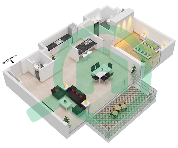 5号公寓楼 - 1 卧室公寓类型／单位1-2 / UNIT 4 / FLOOR 3-6戶型图 Floor 3-6 interactive3D