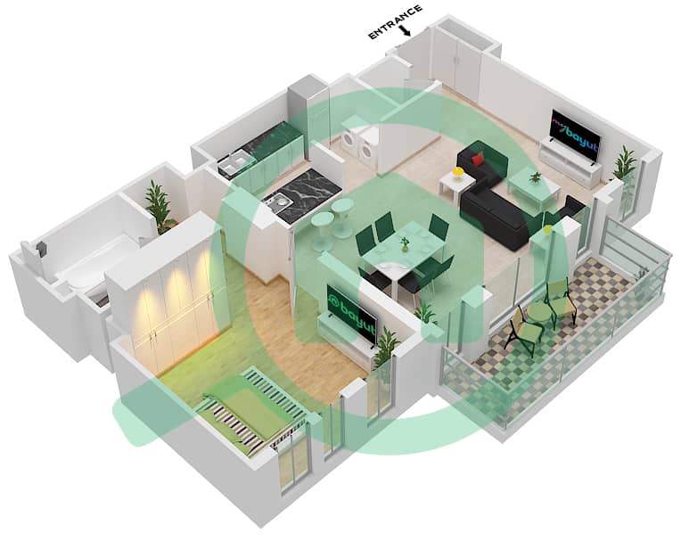المخططات الطابقية لتصميم النموذج / الوحدة 1-3 / UNIT 8 / FLOOR 1 شقة 1 غرفة نوم - بناية الشقق 5 Floor 1 interactive3D