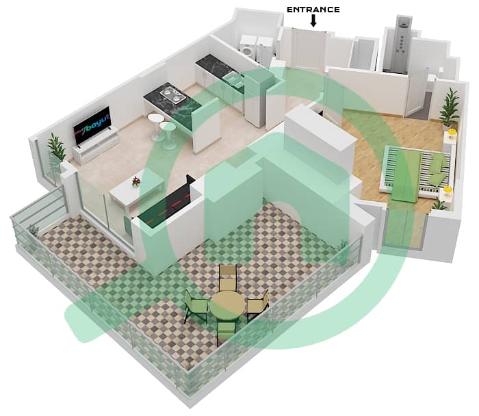5号公寓楼 - 1 卧室公寓类型／单位5-1 / UNIT 2 / FLOOR 1戶型图 Floor 1 interactive3D