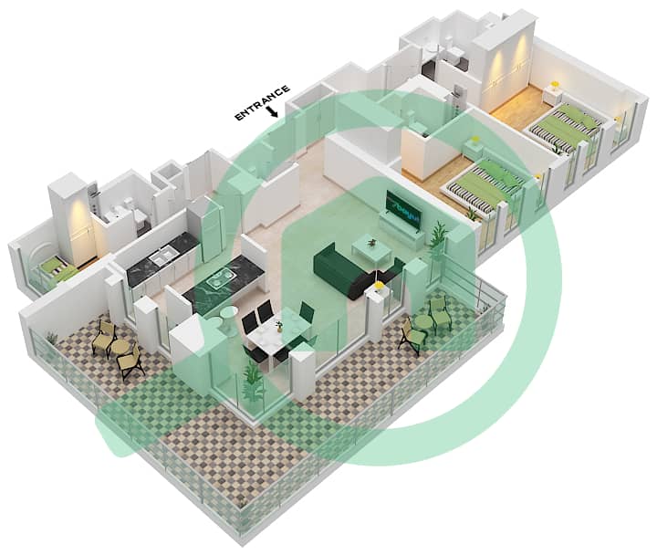 5号公寓楼 - 2 卧室公寓类型／单位2-2 / UNIT 5 / FLOOR 1戶型图 Floor 1 interactive3D
