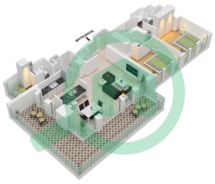 المخططات الطابقية لتصميم النموذج / الوحدة 2-2A / UNIT 11 / FLOOR 1 شقة 2 غرفة نوم - بناية الشقق 5 Floor 1 interactive3D