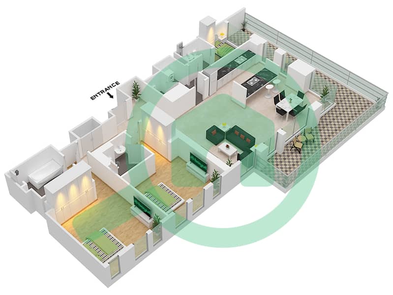 المخططات الطابقية لتصميم النموذج / الوحدة 3-2 / UNIT 1 / FLOOR 1 شقة 2 غرفة نوم - بناية الشقق 5 Floor 1 interactive3D