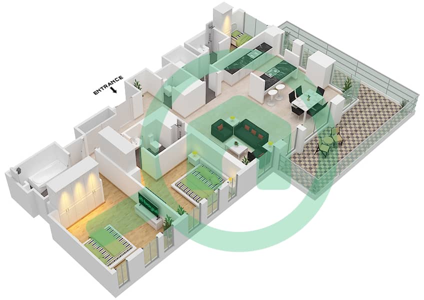 المخططات الطابقية لتصميم النموذج / الوحدة 3-3 / UNIT 6 / FLOOR 1 شقة 2 غرفة نوم - بناية الشقق 5 Floor 1 interactive3D