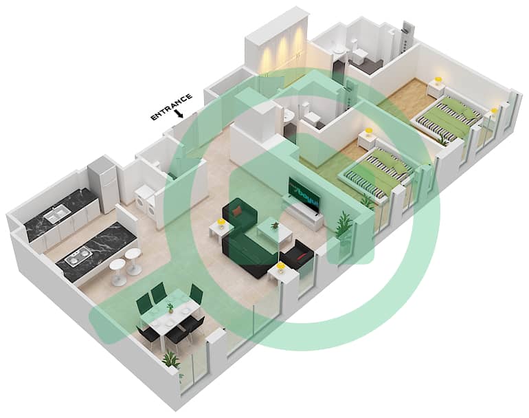 5号公寓楼 - 2 卧室公寓类型／单位4-2 / UNIT 9 / FLOOR 2戶型图 Floor 2 interactive3D
