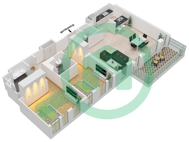 المخططات الطابقية لتصميم النموذج / الوحدة 4-3 / UNIT 3 / FLOOR 1 شقة 2 غرفة نوم - بناية الشقق 5 Floor 1 interactive3D