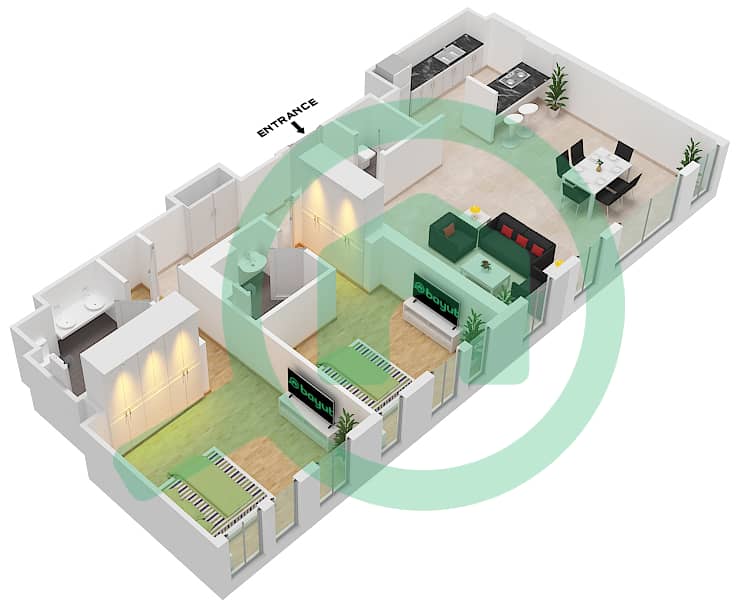 المخططات الطابقية لتصميم النموذج / الوحدة 4-3A / UNIT 3 / FLOOR 2 شقة 2 غرفة نوم - بناية الشقق 5 Floor 2 interactive3D