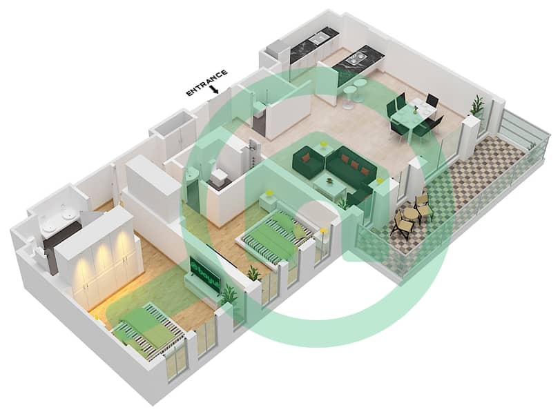 5号公寓楼 - 2 卧室公寓类型／单位4-4 / UNIT 4 / FLOOR 1戶型图 Floor 1 interactive3D