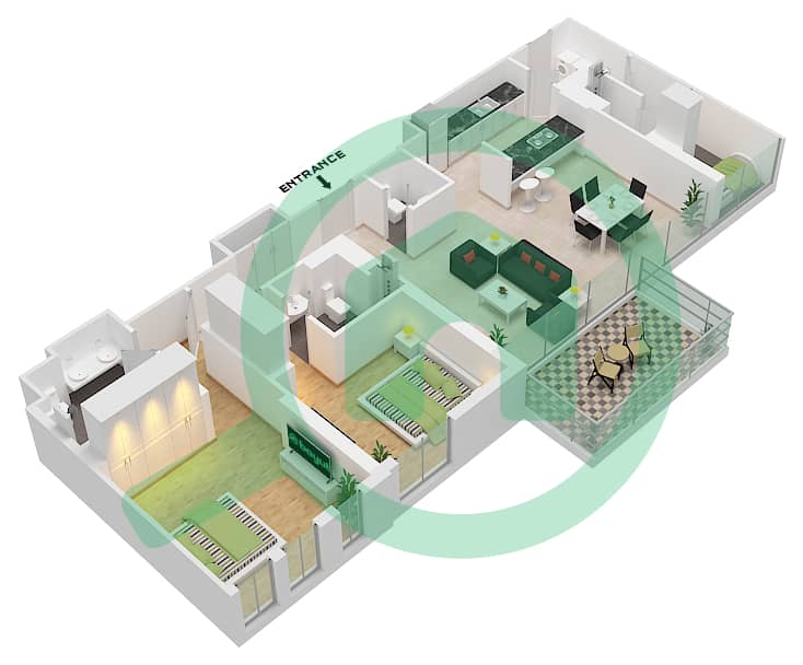 المخططات الطابقية لتصميم النموذج / الوحدة 6-1 / UNIT 8-9 /FLOOR 2-6 شقة 2 غرفة نوم - بناية الشقق 5 Floor 2-6 interactive3D