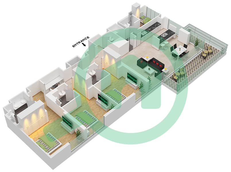 المخططات الطابقية لتصميم النموذج / الوحدة 2-5 / UNIT 1 / FLOOR 2-6 شقة 3 غرف نوم - بناية الشقق 5 Floor 2-6 interactive3D