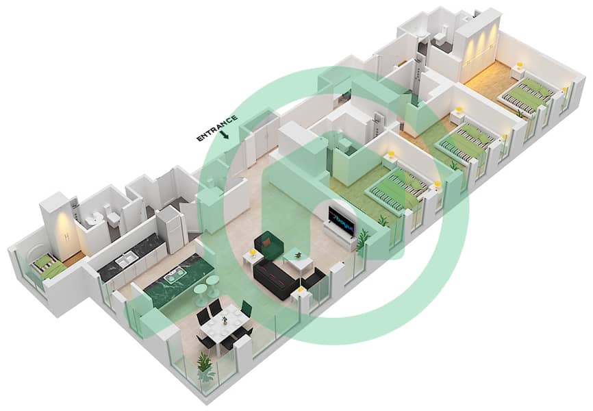 Апартаменты Билдинг 5 - Апартамент 3 Cпальни планировка Тип/мера 2-6A / UNIT 10 / FLOOR 2 Floor 2 interactive3D