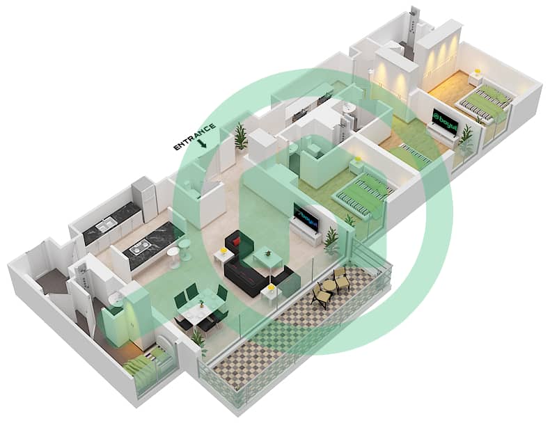 المخططات الطابقية لتصميم النموذج / الوحدة 3-1 / UNIT 7-8 /FLOOR 2-6 شقة 3 غرف نوم - بناية الشقق 5 Floor 2-6 interactive3D