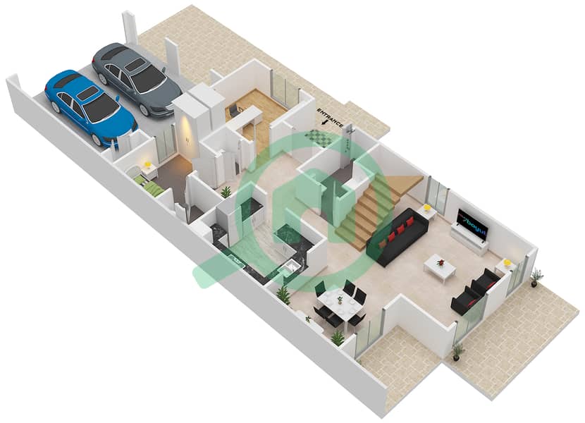 المخططات الطابقية لتصميم النموذج / الوحدة 1 / UNIT END تاون هاوس 3 غرف نوم - ميرا 1 Ground Floor interactive3D
