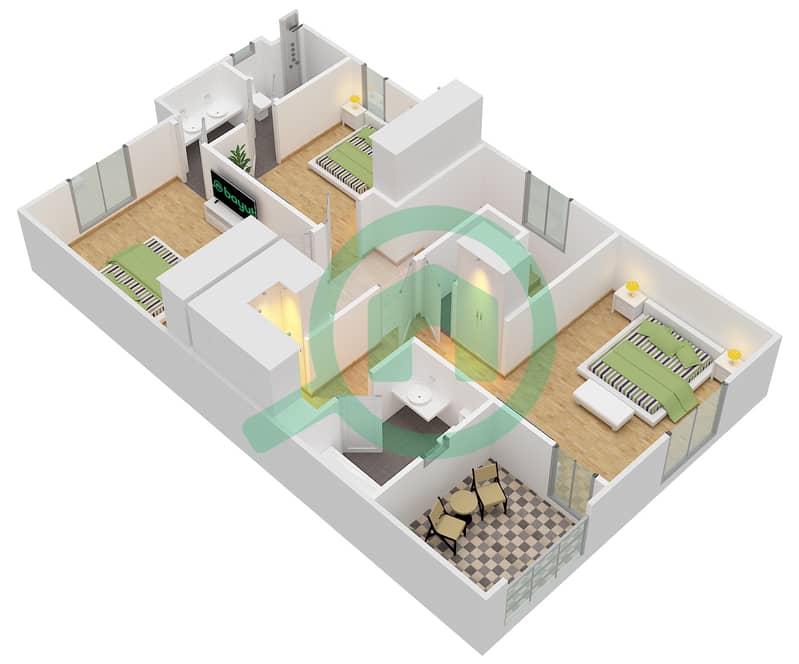 المخططات الطابقية لتصميم النموذج / الوحدة 1 / UNIT END تاون هاوس 3 غرف نوم - ميرا 1 First Floor interactive3D