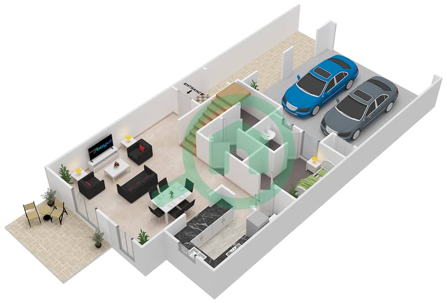米拉1号区 - 3 卧室联排别墅类型／单位3 / UNIT MIDDLE戶型图 Ground Floor interactive3D