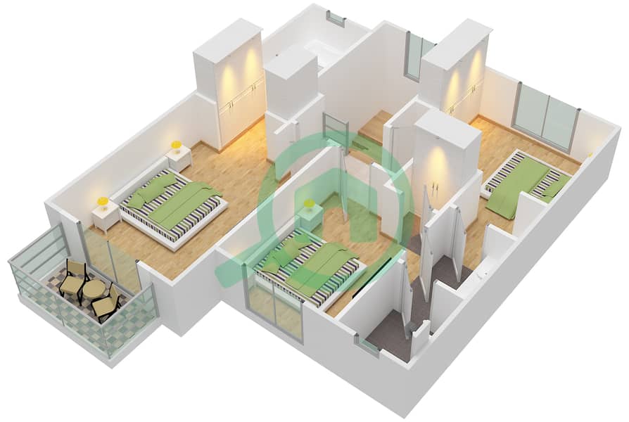 Мира 1 - Таунхаус 3 Cпальни планировка Тип/мера 3 / UNIT MIDDLE First Floor interactive3D