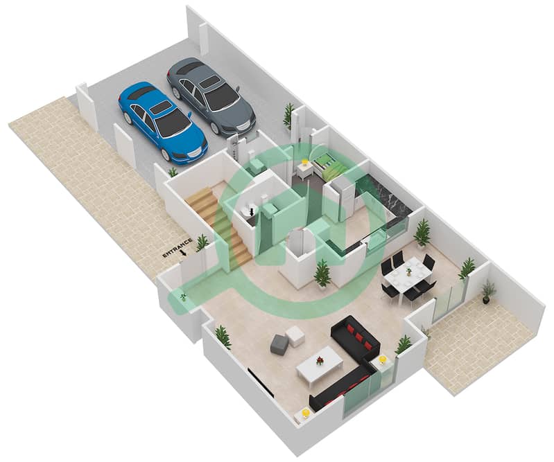 المخططات الطابقية لتصميم النموذج / الوحدة 1 / UNIT MIDDLE تاون هاوس 3 غرف نوم - ميرا 1 Ground Floor interactive3D