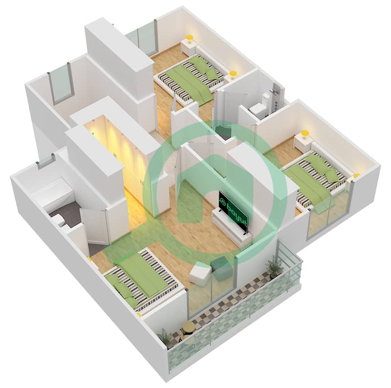 المخططات الطابقية لتصميم النموذج / الوحدة 1 / UNIT MIDDLE تاون هاوس 3 غرف نوم - ميرا 1 First Floor interactive3D