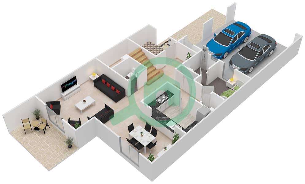 米拉1号区 - 3 卧室联排别墅类型／单位2 / UNIT MIDDLE戶型图 Ground Floor interactive3D