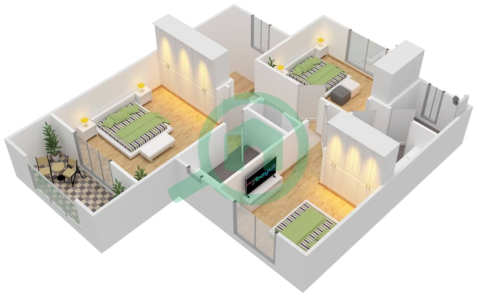 المخططات الطابقية لتصميم النموذج / الوحدة 2 / UNIT MIDDLE تاون هاوس 3 غرف نوم - ميرا 1 First Floor interactive3D