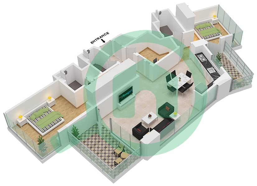 المخططات الطابقية لتصميم الوحدة 1 FLOOR 26-36 شقة 2 غرفة نوم - LIV مارينا Floor 26-36 interactive3D