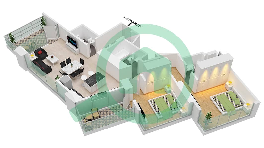 المخططات الطابقية لتصميم الوحدة 1 FLOOR 5-24 شقة 2 غرفة نوم - LIV مارينا Floor 5-24 interactive3D