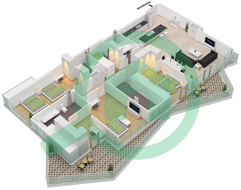 迪拜天际线费尔蒙特酒店 - 3 卧室公寓单位05 FLOOR 23戶型图 Floor 23 interactive3D