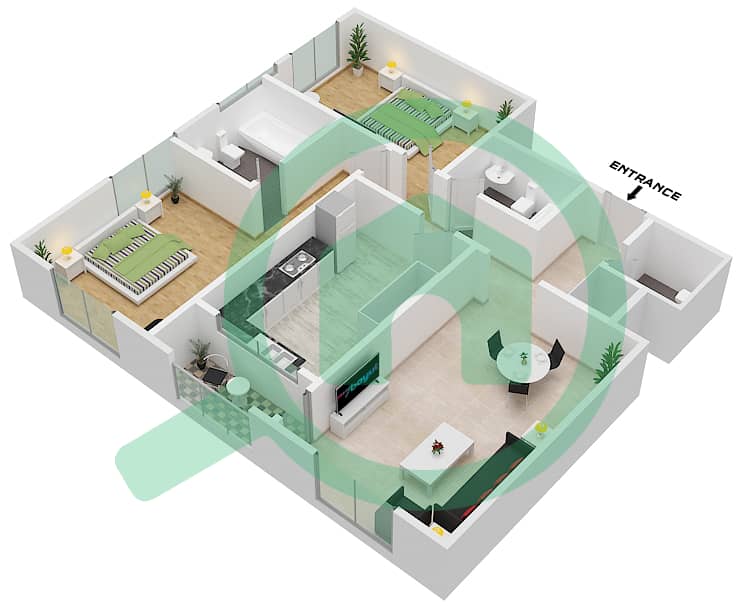المخططات الطابقية لتصميم النموذج 15 SERIES / BLOCK-A شقة 2 غرفة نوم - أبراج غلفا interactive3D