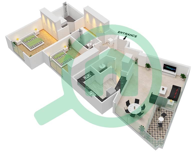 المخططات الطابقية لتصميم الوحدة UNIT 4,8 FLOOR 33-45 شقة 2 غرفة نوم - فيدا ريزيدنس داون تاون interactive3D