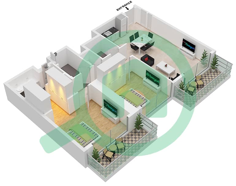المخططات الطابقية لتصميم الوحدة 9 FLOOR 10-24,25-34 شقة 2 غرفة نوم - برج سي بوينت 1 Floor 10-24,25-34 interactive3D
