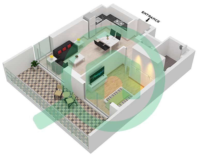 المخططات الطابقية لتصميم النموذج / الوحدة 5/UNIT AG02/FLOOR GROUND شقة 1 غرفة نوم - برج كلوب درايف A Ground Floor interactive3D