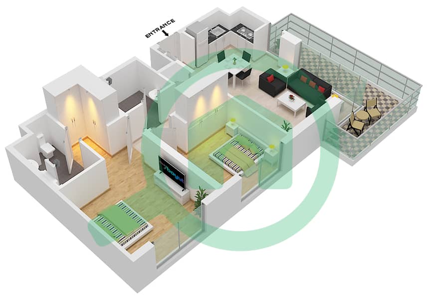 المخططات الطابقية لتصميم النموذج / الوحدة 2/UNIT AP07/FLOOR P-15 شقة 2 غرفة نوم - برج كلوب درايف A Unit 07 Floor Podium, 1-15 interactive3D