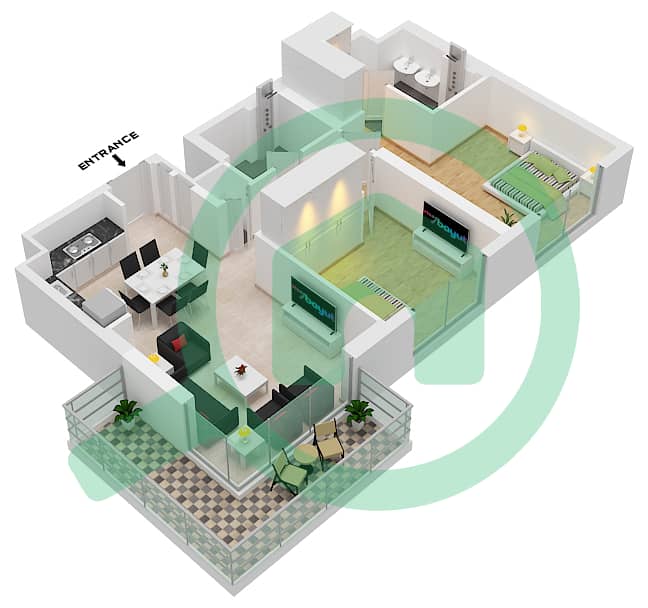 المخططات الطابقية لتصميم النموذج / الوحدة 1/UNIT AP11/FLOOR P-12 شقة 2 غرفة نوم - برج كلوب درايف A Unit 14 Floor Podium, 1-12 interactive3D