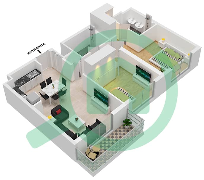 俱乐部大道 A 座 - 2 卧室公寓类型／单位3B/UNIT 09/FLOOR 2-15戶型图 Unit 09 Floor 2-15 interactive3D