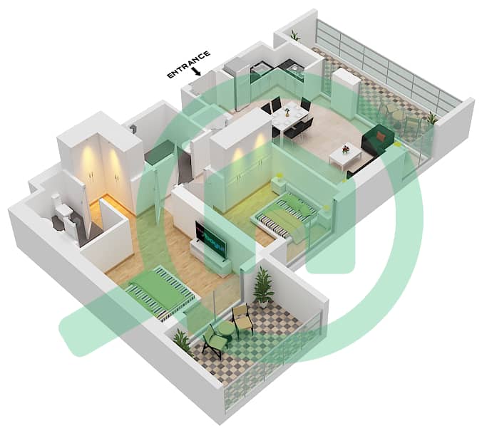 المخططات الطابقية لتصميم النموذج / الوحدة 4/UNIT 07/FLOOR GROUND شقة 2 غرفة نوم - برج كلوب درايف A Ground Floor interactive3D