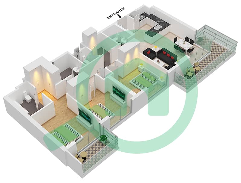 المخططات الطابقية لتصميم النموذج / الوحدة 1/UNIT 13/FLOOR 2-12 شقة 3 غرف نوم - برج كلوب درايف A Unit 13 Floor 2-12 interactive3D