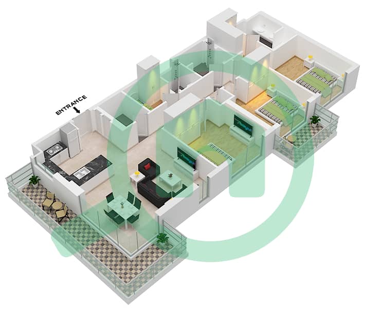 المخططات الطابقية لتصميم النموذج / الوحدة 2/UNIT 08/FLOOR 2-15 شقة 3 غرف نوم - برج كلوب درايف A Unit 08 Floor 2-15 interactive3D