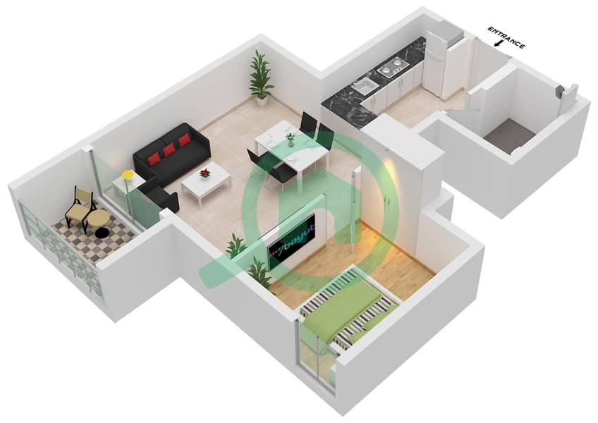 单身公寓壹号大厦 - 1 卧室公寓类型1D FLOOR GROUND戶型图 Ground Floor interactive3D