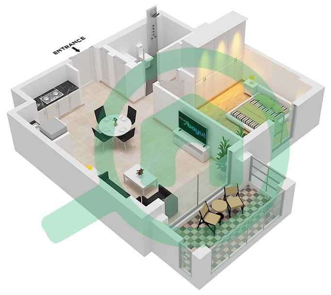 Бейшор 2 - Апартамент 1 Спальня планировка Единица измерения 1 FLOOR 2-9 Unit 1 Floor 2-9 interactive3D