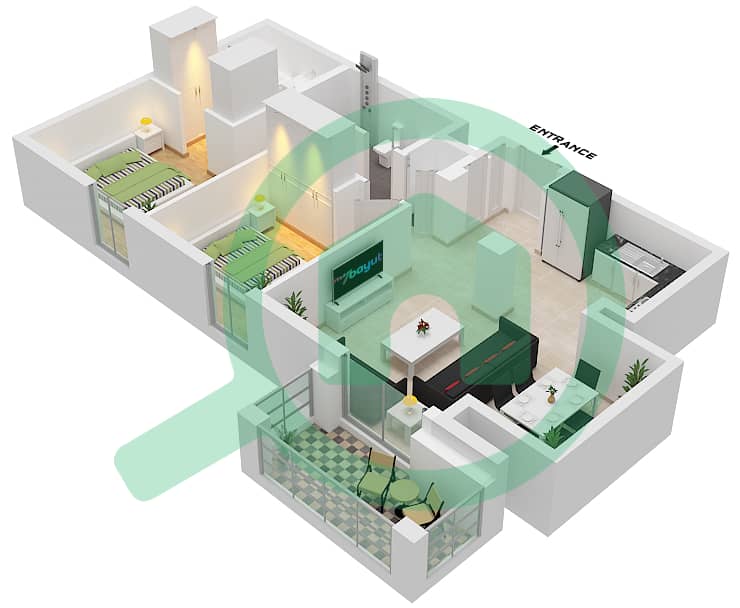 Бейшор 2 - Апартамент 2 Cпальни планировка Единица измерения M01 FLOOR MEZZANINE Unit M01 Floor Mezzanine interactive3D