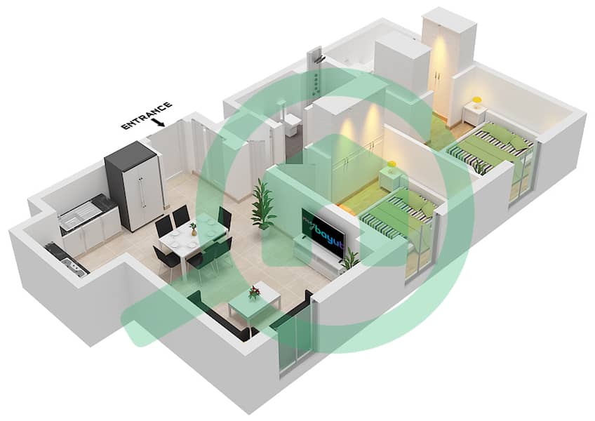 Бейшор 2 - Апартамент 2 Cпальни планировка Единица измерения M02 FLOOR MEZZANINE Unit M02 Floor Mezzanine interactive3D