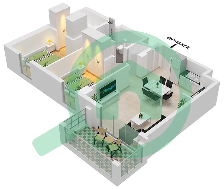 Бейшор 2 - Апартамент 2 Cпальни планировка Единица измерения 7 FLOOR 2-6 Unit 7 Floor 2-6 interactive3D